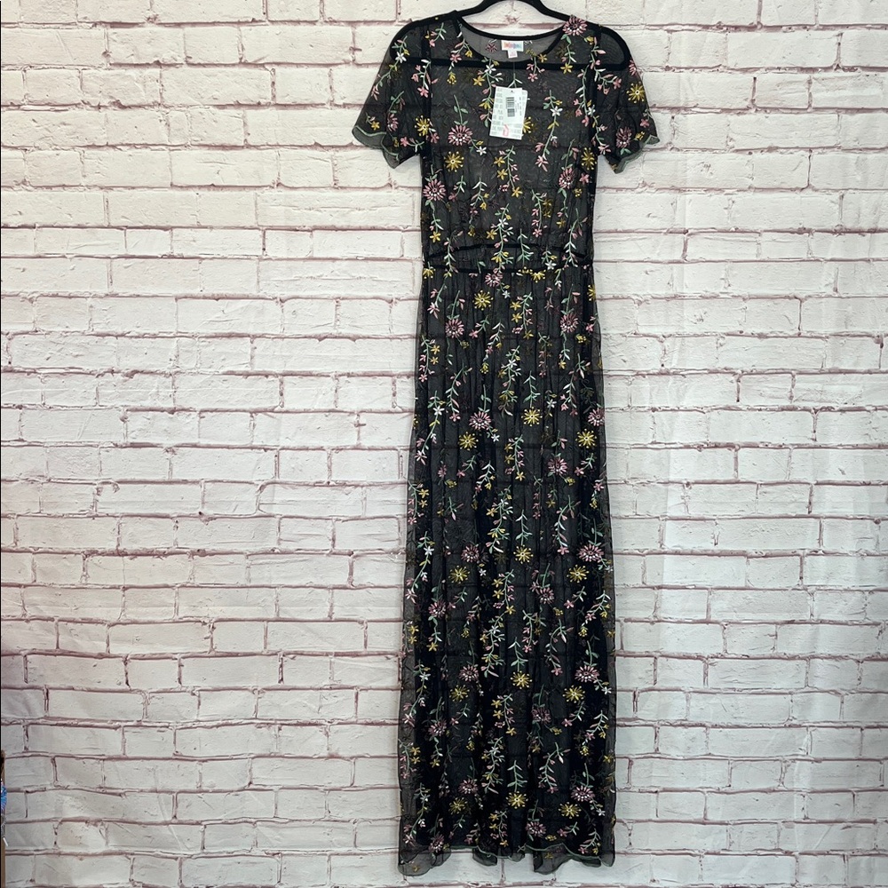 Lularoe Deanne II Pink & Yellow Embroidered Sheer Maxi Dress NWT Small